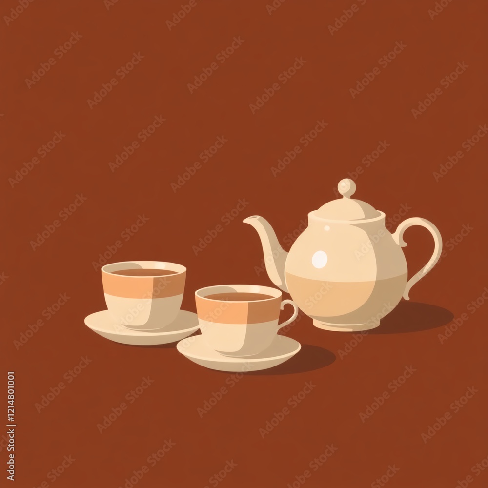 Traditional teapot and cups on brown Traditional teapot and cups on brown