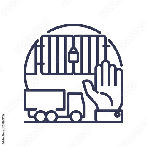 Illustration of a hand, truck, and locked gate symbolizing controlled access.