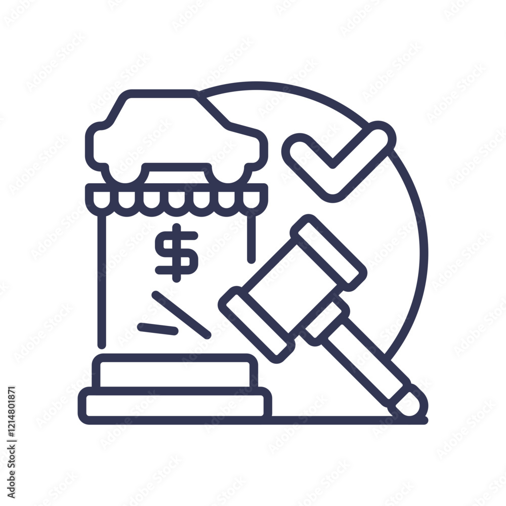 Car auction icon with gavel, dollar sign, and checkmark symbolizing resale process. Car auction icon with gavel, dollar sign, and checkmark symbolizing resale process.