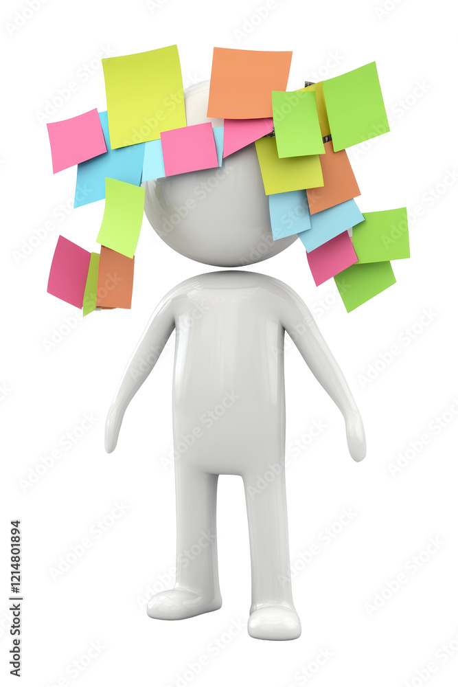 Isolated 3D Character with Sticky Notes on Head Isolated 3D Character with Sticky Notes on Head