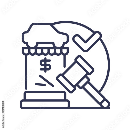 Car auction icon with gavel, dollar sign, and checkmark symbolizing resale process.