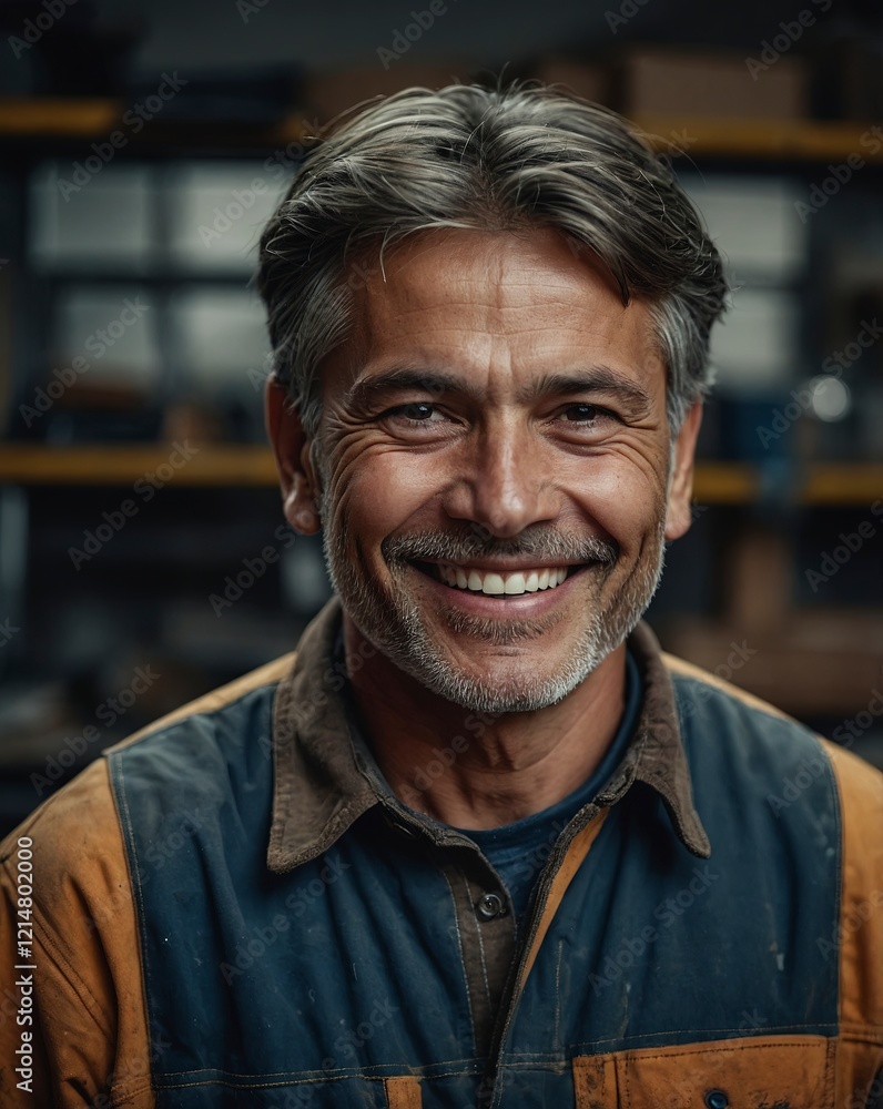 Portrait of a smiling mature carpenter standing in his workshop. Portrait of a smiling mature carpenter standing in his workshop.