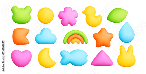 3d abstract kid doodle shape. Set baby graphic elements isolated background. Cute colorful flower, cloud, rainbow, star, moon, fish, heart, rabbit icon. Childish cartoon vector illustration
