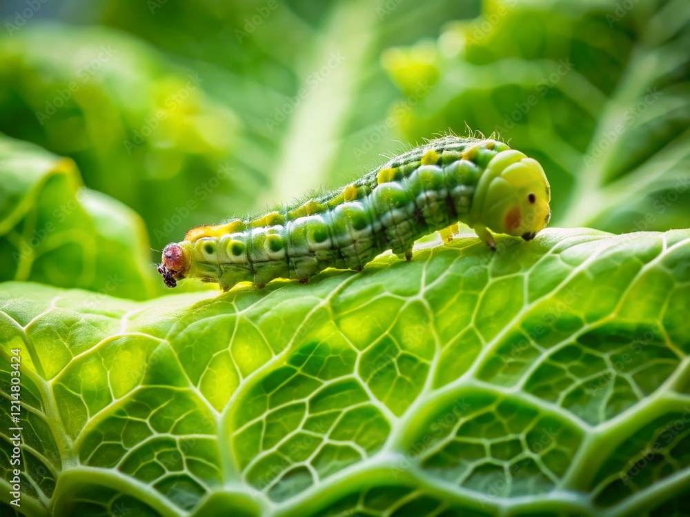 Close-up of a Caterpillar Infesting a Fresh Chinese Cabbage Leaf - Agricultural Pest Control Image Close-up of a Caterpillar Infesting a Fresh Chinese Cabbage Leaf - Agricultural Pest Control Image