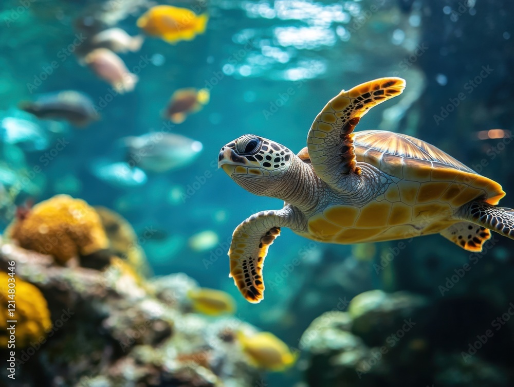 Obraz premium A vibrant underwater scene featuring a majestic sea turtle swimming.