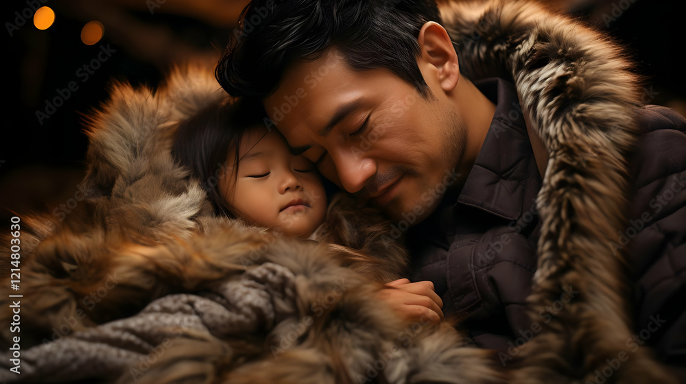 A Father Embraces his Sleeping Daughter, Wrapped in a Fur Blanket, Creating a Warm and Tender Scene of Parental Love. A Father Embraces his Sleeping Daughter, Wrapped in a Fur Blanket, Creating a Warm and Tender Scene of Parental Love.