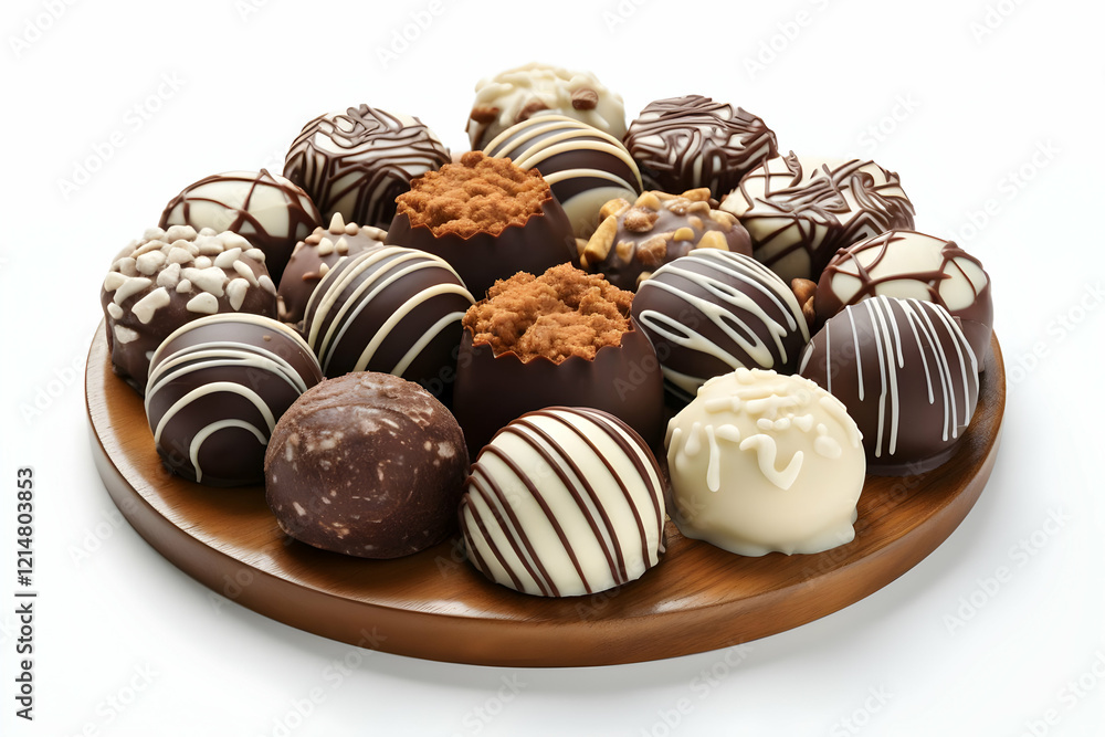 Assorted gourmet chocolates displayed on a wooden plate, beautifully arranged against a white background. Assorted gourmet chocolates displayed on a wooden plate, beautifully arranged against a white background.