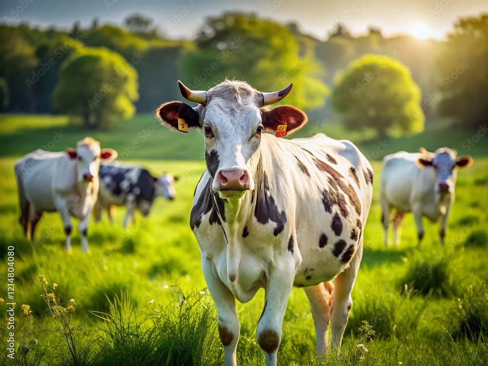 White Cow with Black Spots Grazing in Summer Meadow, Herd Background White Cow with Black Spots Grazing in Summer Meadow, Herd Background