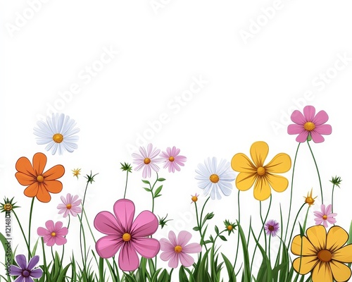Colorful Blossom Field with Various Flowers and Green Grass