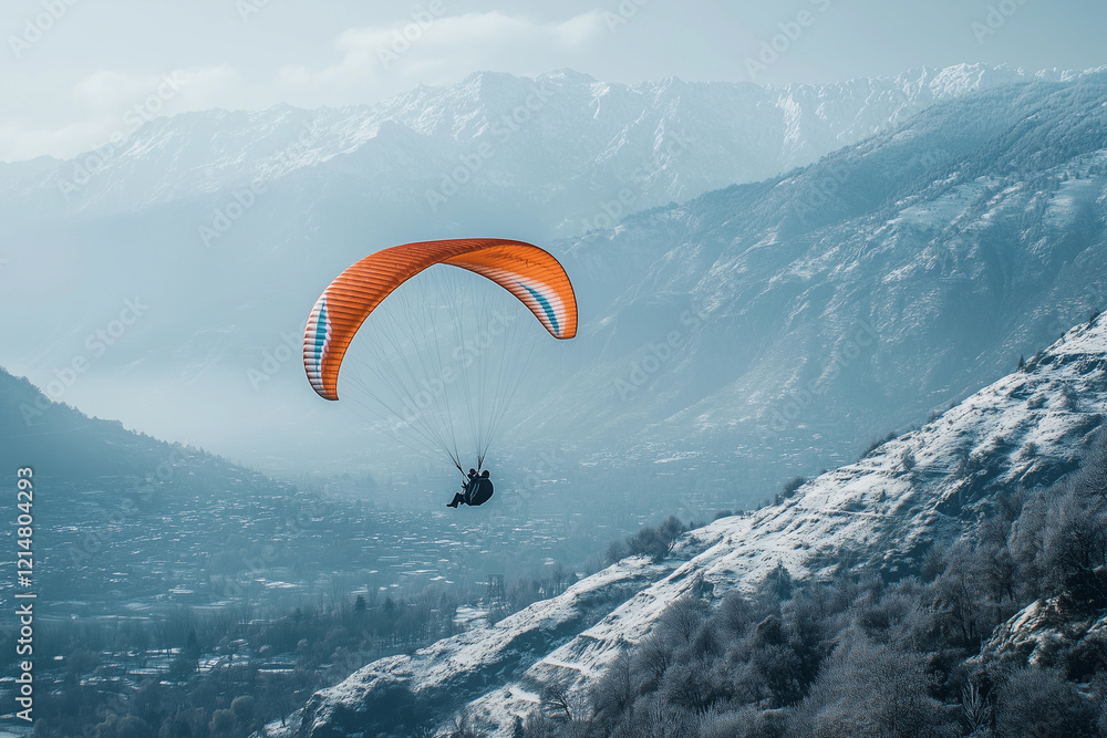a person paragliding over a snow covered mountain side under a blue sky with clouds in the background a person paragliding over a snow covered mountain side under a blue sky with clouds in the background