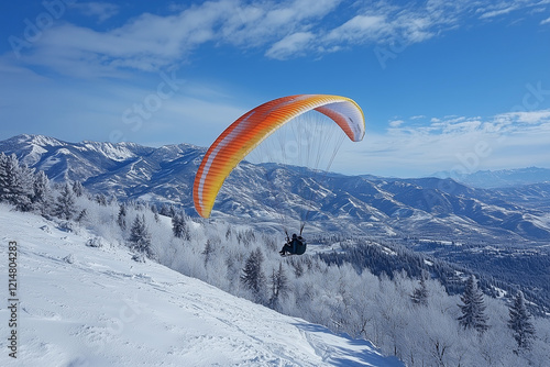 a person paragliding over a snow covered mountain side under a blue sky with clouds in the background