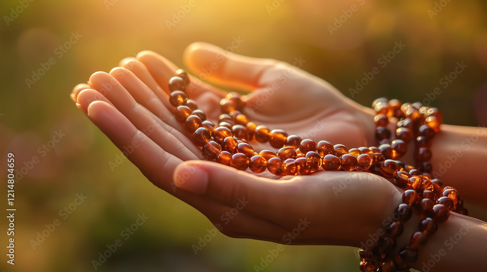 Prayer beads in hands, warm light in the background, symbol of meditation and devotion, peaceful and reflective atmosphere Prayer beads in hands, warm light in the background, symbol of meditation and devotion, peaceful and reflective atmosphere