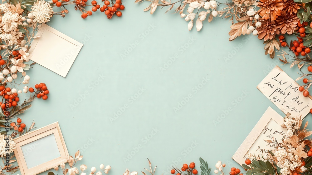A beautifully arranged flat lay featuring dried flowers and foliage, framed with blank cards, perfect for artistic and creative projects. A beautifully arranged flat lay featuring dried flowers and foliage, framed with blank cards, perfect for artistic and creative projects.