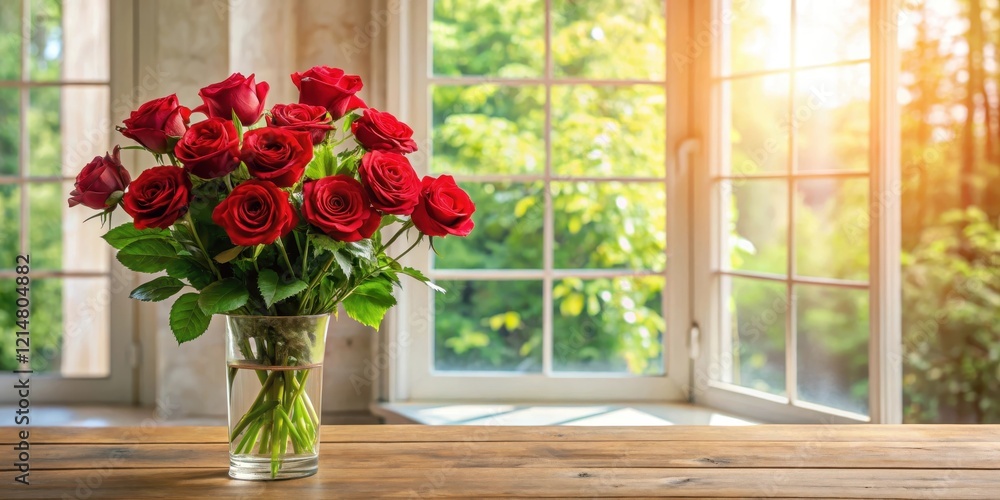 Fototapeta premium A delicate arrangement of long-stemmed red roses in a elegant vase on a wooden table, with soft natural light filtering through the window , luxury, interior