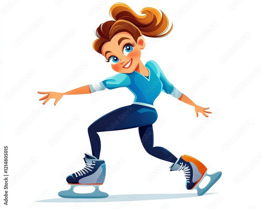 Cheerful Female Ice Skater in Dynamic Pose on Ice Rink Cheerful Female Ice Skater in Dynamic Pose on Ice Rink