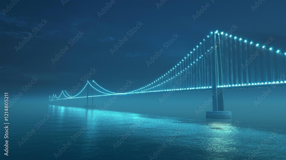 Fototapeta premium Illuminated Massive Suspension Bridge Connecting Glowing Shorelines with Elegant Cable Patterns at Night - Cinematic Ultra-Detailed Image