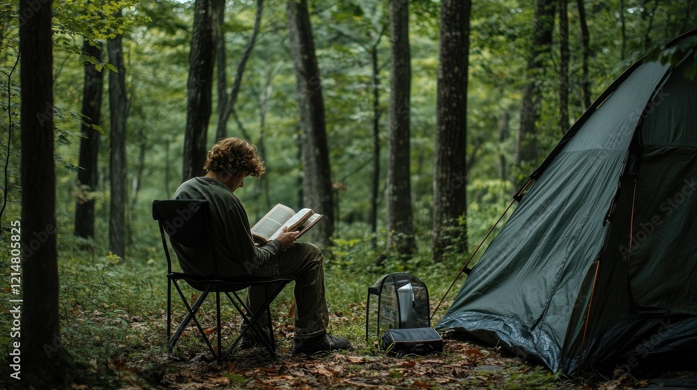 A solo camper sitting on a folding chair near a tent, reading a book in a peaceful woodland setting A solo camper sitting on a folding chair near a tent, reading a book in a peaceful woodland setting