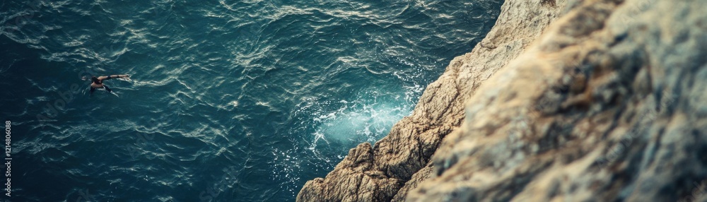 Fototapeta premium Aerial view of a swimmer near rocky coastline and ocean waves.