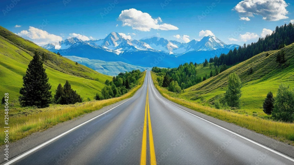Fototapeta premium A straight highway framed by green hills and trees, with snow-capped peaks visible in the distance