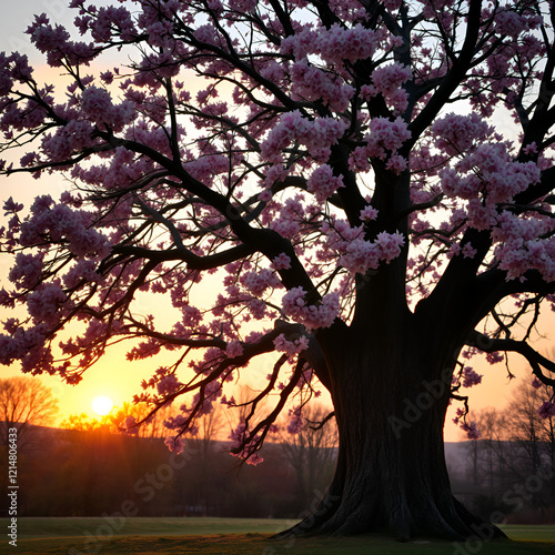 Gnarled oak tree bedecked with fragrant blossoms in sunset photo