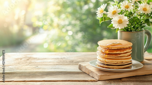 Bed and breakfast, A stack of golden pancakes on a rustic table, accompanied by a mug of daisies, set against a serene, sunlit background.