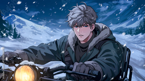 Man wearing black coat riding motorcycle with rugged anime hero piloting all-terrain vehicle in dynamic action scene outdoors photo