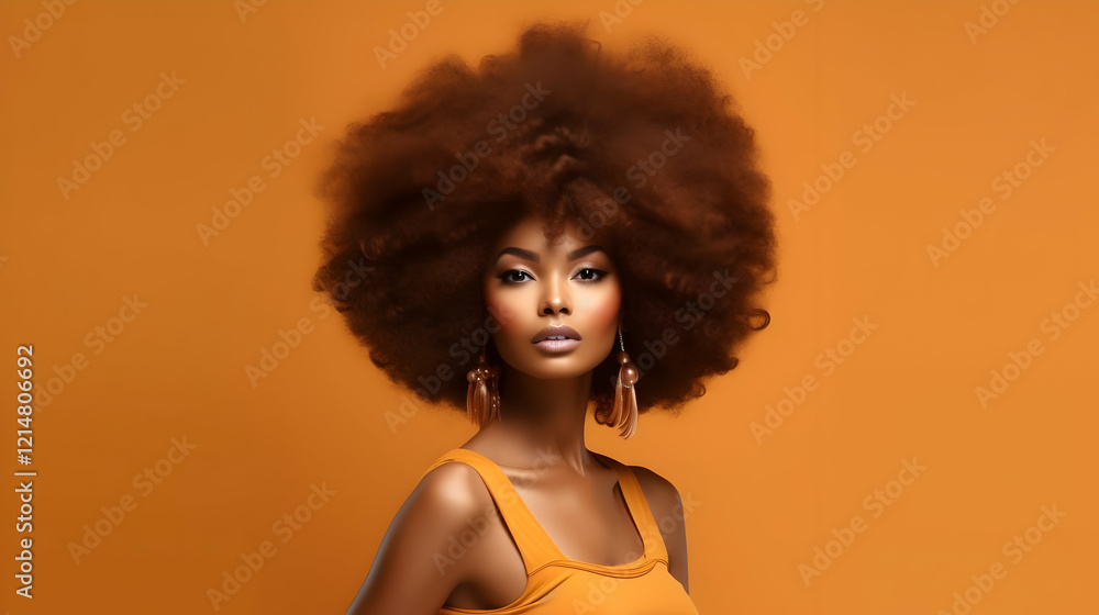 Portrait of a Beautiful Woman with Large Afro Hairstyle Posing on an Orange Background Portrait of a Beautiful Woman with Large Afro Hairstyle Posing on an Orange Background