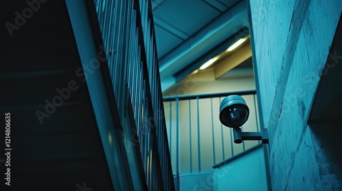 A surveillance camera mounted near a stairwell inside an office building, providing continuous coverage of the interior space photo