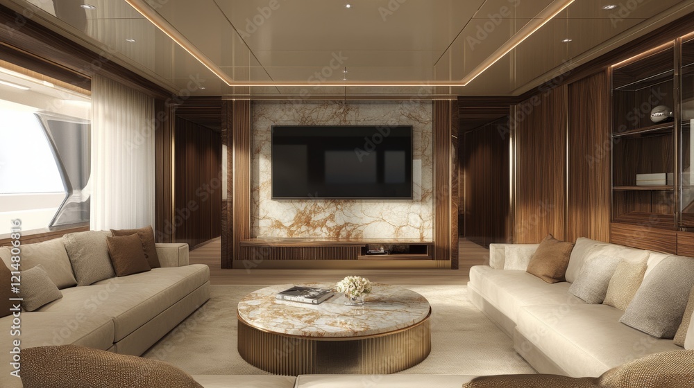 Fototapeta premium Modern living room with wooden paneling, marble wall, TV, and a round coffee table.