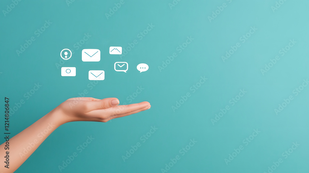 Holographic Technology Icons Floating in a Hand on Sleek Blue Background Holographic Technology Icons Floating in a Hand on Sleek Blue Background