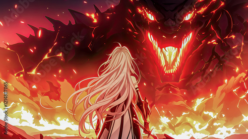 Anime heroine confronting a large demonic figure in a dramatic scene with intense emotions and vivid colors in a fantasy setting photo