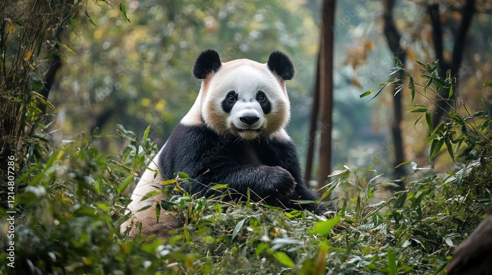 Fototapeta premium A Giant Panda Sitting in the Lush Green Forest