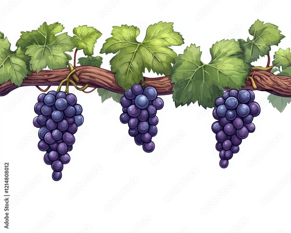 Obraz premium Grapes on Vine with Green Leaves in Vibrant Colorful Illustration