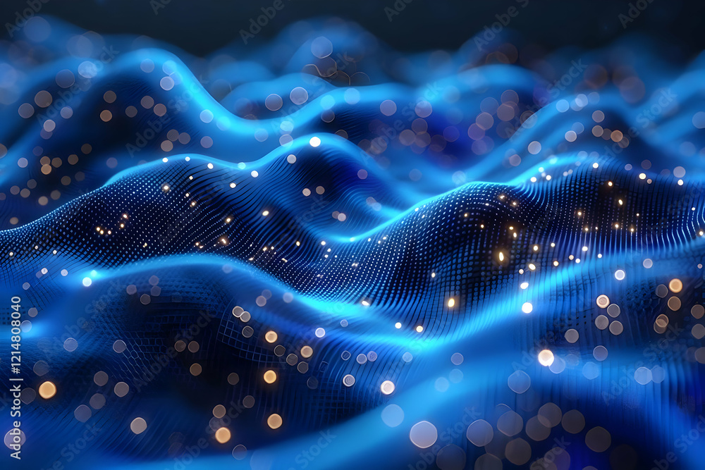 Naklejka premium Abstract Blue Wavy Background Flows Smoothly with Glowing Particles and Bokeh Effect.