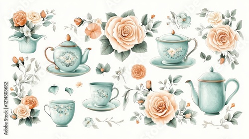 A charming collection of vintage tea sets and roses, perfect for adding elegance to any tea party or dining setting.