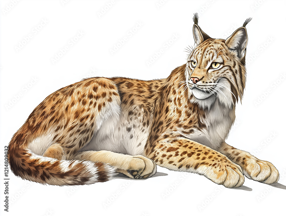 Eurasian Lynx (Lynx lynx) - A biologically accurate hand-drawn depiction of an Eurasian Lynx, highlighting its tufted ears, thick fur, and powerful body, isolated on white Eurasian Lynx (Lynx lynx) - A biologically accurate hand-drawn depiction of an Eurasian Lynx, highlighting its tufted ears, thick fur, and powerful body, isolated on white