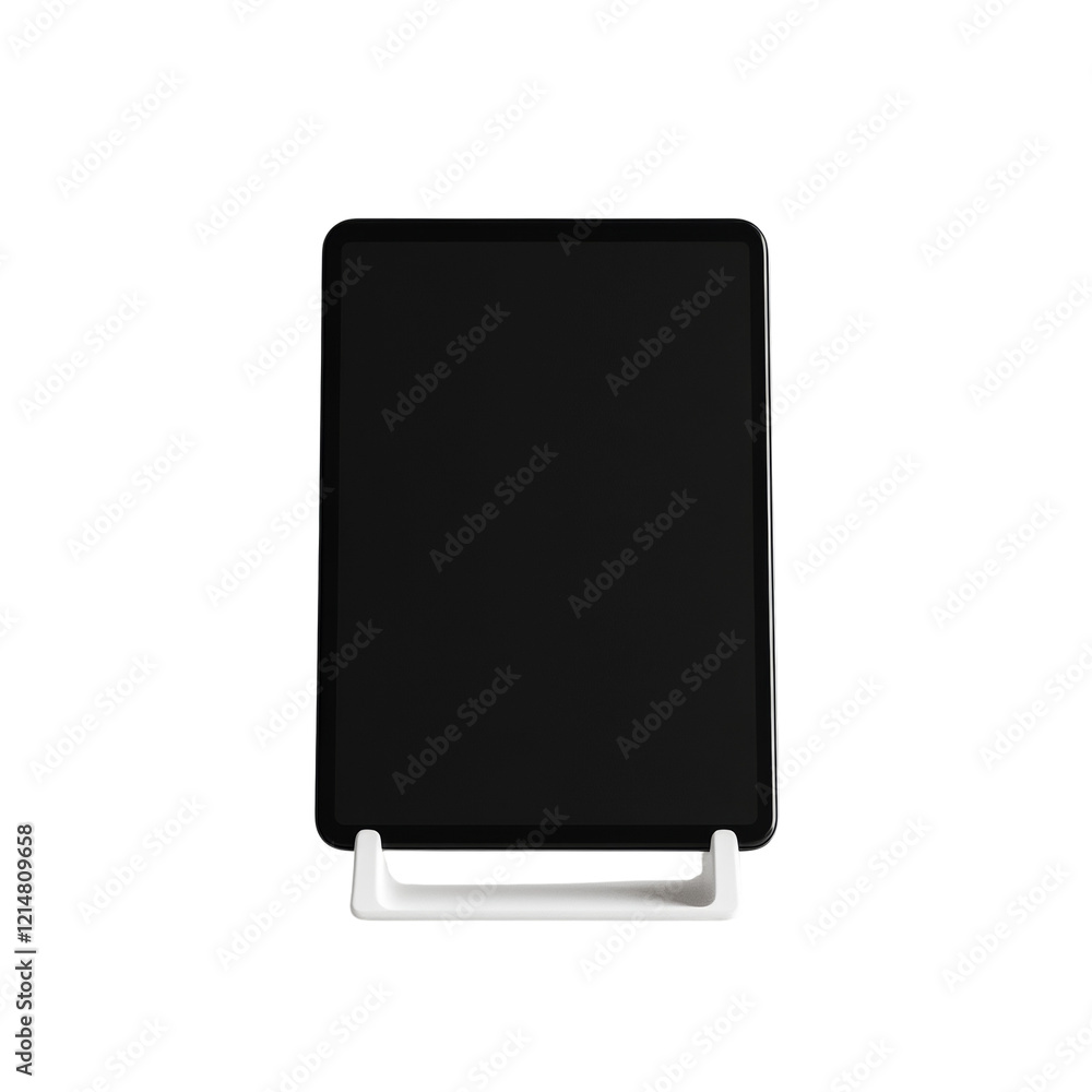 A black tablet rests in a simple white stand against a plain white background, presenting a clean and minimal aesthetic. A black tablet rests in a simple white stand against a plain white background, presenting a clean and minimal aesthetic.