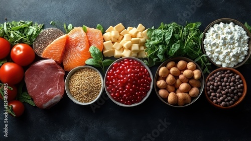 Realistic 3D Illustration of Five Food Groups on Dark Surface