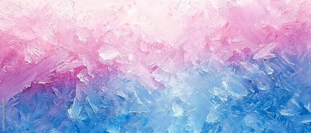 Fototapeta premium A close-up of abstract ice crystals with sharp, jagged formations, illuminated by soft pink and purple gradient lighting, creating a vibrant and dreamy winter texture.Generative ai