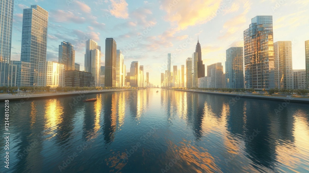 Tranquil River Cruise: Skyscraper Reflections on Water with Ultra-Detailed Clarity Tranquil River Cruise: Skyscraper Reflections on Water with Ultra-Detailed Clarity