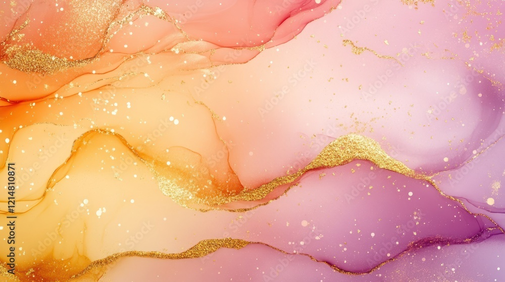 Fototapeta premium Abstract painting with swirling pink orange and yellow hues and glitter accents
