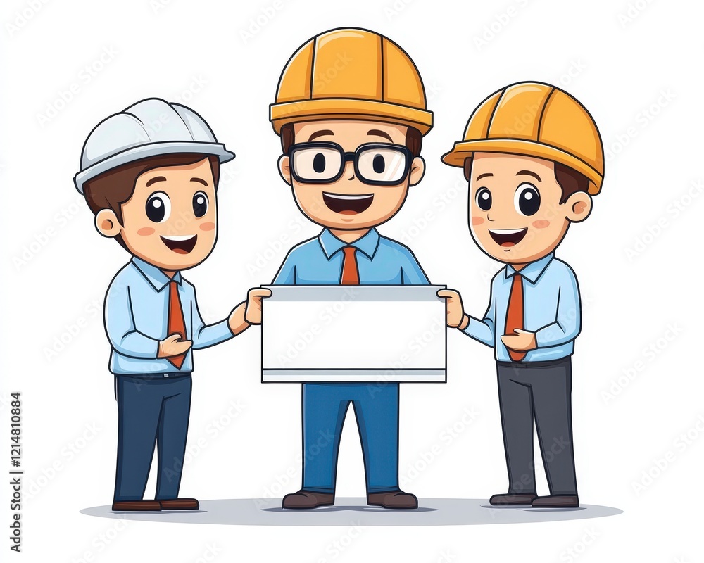 Happy Construction Workers Holding Blank Sign for Project Promotions