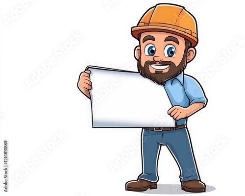 Cheerful Construction Worker Holding Blank Sign for Promotion or Message photo