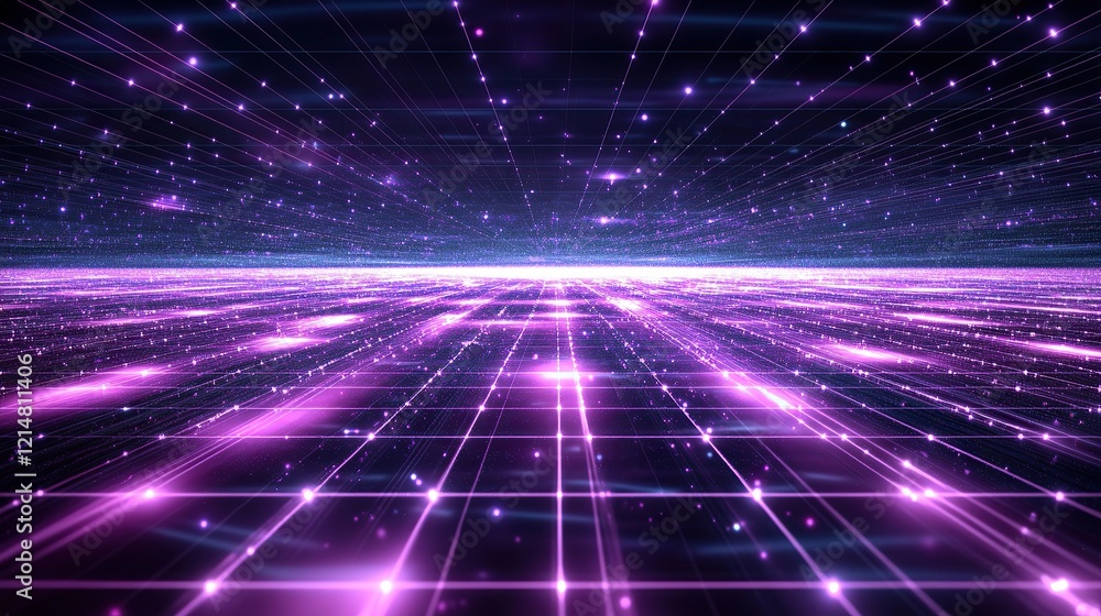 An infinite expanse of glowing polygonal grids spreading outward An infinite expanse of glowing polygonal grids spreading outward