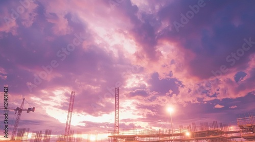 Dynamic Timelapse of Swirling Clouds and Shifting Lights at Urban Construction Site - Cinematic City Outskirts Image photo