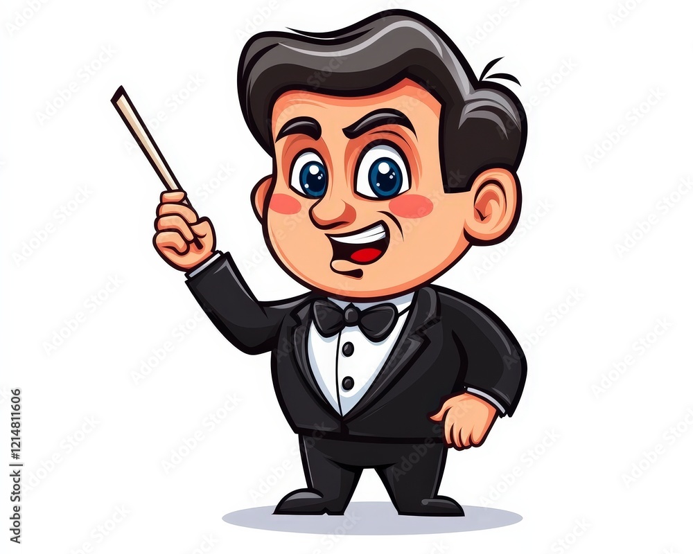 Cheerful Cartoon Character in Tuxedo Holding Stick for Presentation Cheerful Cartoon Character in Tuxedo Holding Stick for Presentation