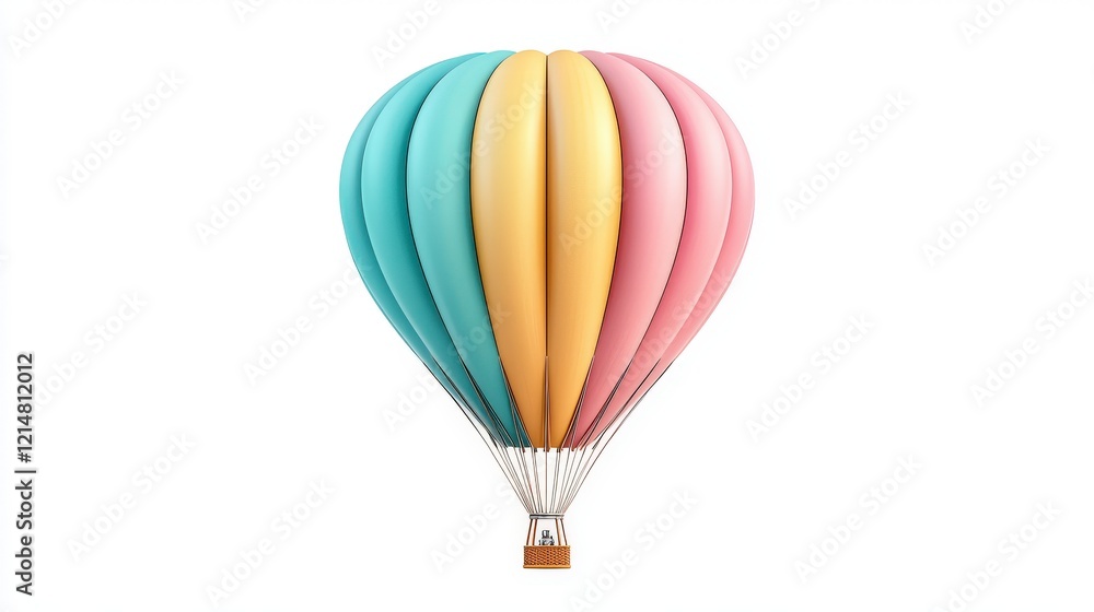 Obraz premium A colorful hot air balloon in pastel shades of blue, pink, and yellow floats gracefully in the sky, symbolizing adventure and freedom.