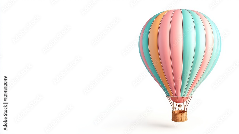 Naklejka premium A colorful hot air balloon in pastel shades floating against a white background, symbolizing adventure and freedom in travel and exploration.