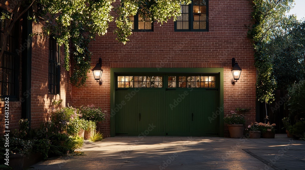 Fototapeta premium Evening garage scene suburban home photo