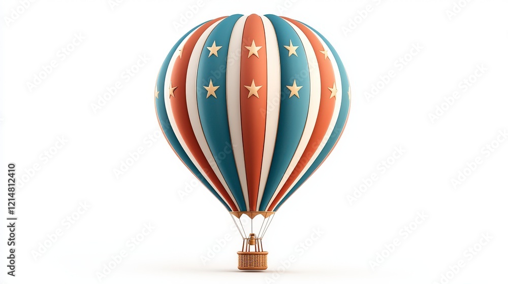 Fototapeta premium A colorful hot air balloon with red, blue, and white stripes and stars, symbolizing adventure, freedom, and scenic views, ideal for travel enthusiasts.